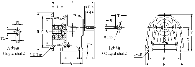 CHM型:臥式直結型齒輪減速機的外型尺寸圖