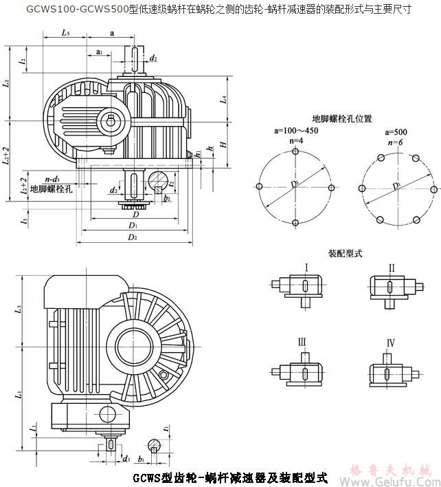 GCWS100、GCWS125、GCWS160、GCWS200、GCWS250、GCWS315、GCWS355、GCWS400、GCWS450、GCWS500、型低速級(jí)蝸桿在蝸輪之側(cè)的齒輪-蝸桿減速機(jī)的裝配形式與主要尺寸（JB/T7008-1993）