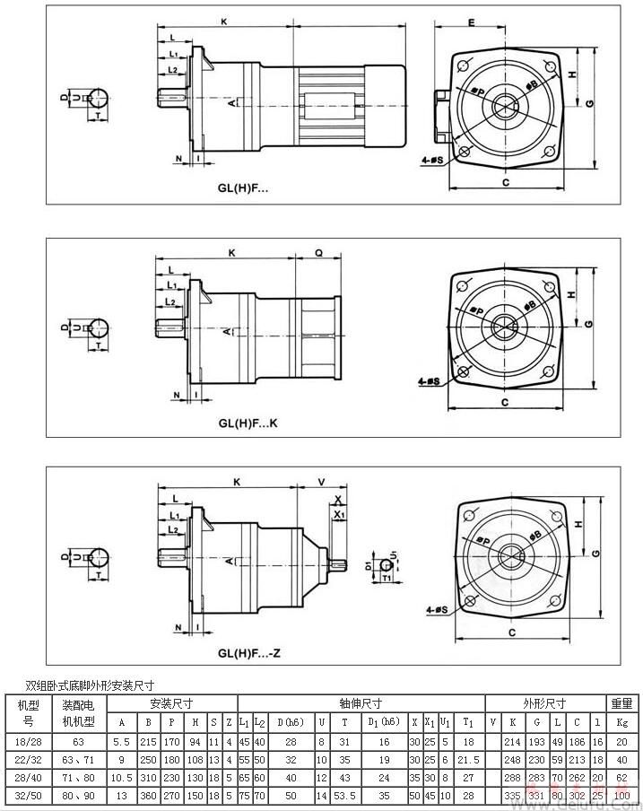 MG系列全封閉齒輪減速機(jī)雙組臥式底腳外形安裝尺寸