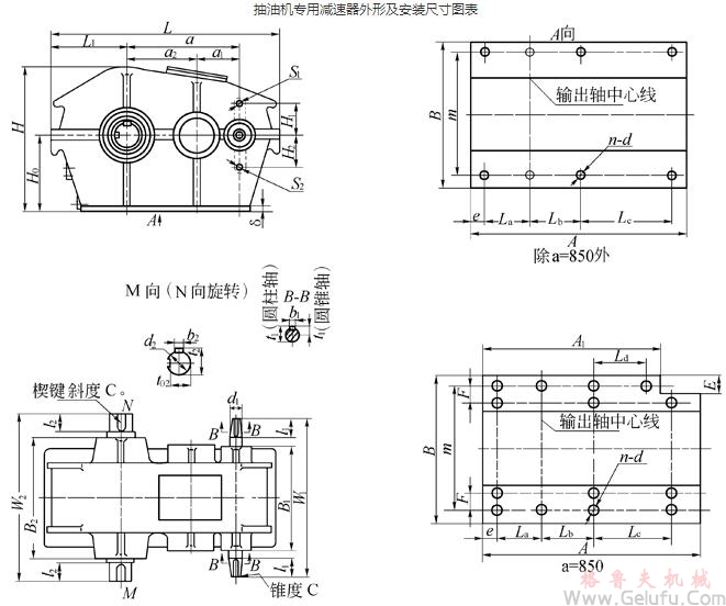 抽油機(jī)專用減速機(jī)外形及安裝尺寸圖表 抽油機(jī)專用減速機(jī)外形及安裝尺寸圖表
