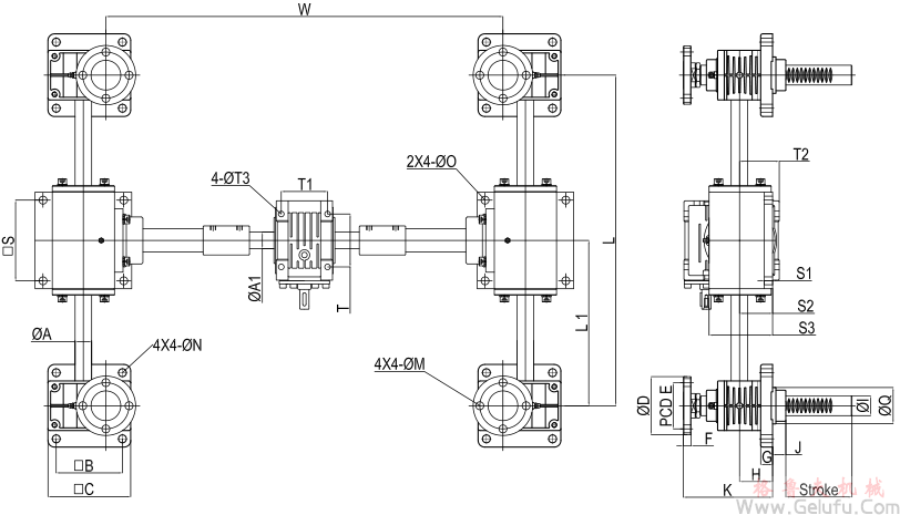 RJ-4SB系列多臺(tái)齒條升降機(jī)與蝸輪減速機(jī)組合高速升降齒條安裝圖 RJ-4SB系列多臺(tái)齒條升降機(jī)與蝸輪減速機(jī)組合高速升降齒條安裝圖